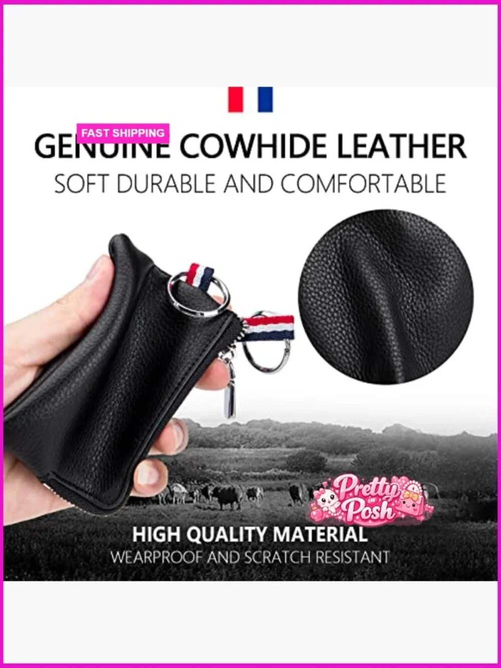 Genuine Cowhide Leather Coin Purse Wallet with Dual Keyrings